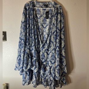 PrettyLittleThing Plus sized blue ruffle long sleeve dress size US 24 NWT